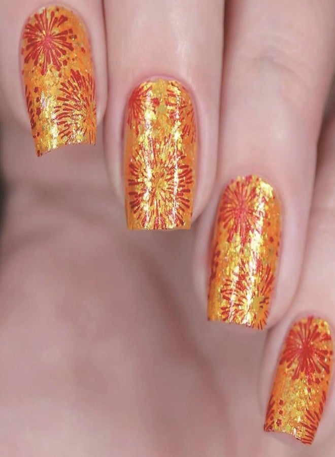 SHUXILIN Christmas Press on Nails Short Medium Square Fake Nails with Red Firework Gold Glitter Designs Full Cover False Nails Sparkling Glossy Acrylic Nails Stick on Nails for Women New Year Decor 24Pcs - Image 1